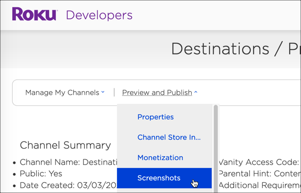 Screenshots dropdown menu